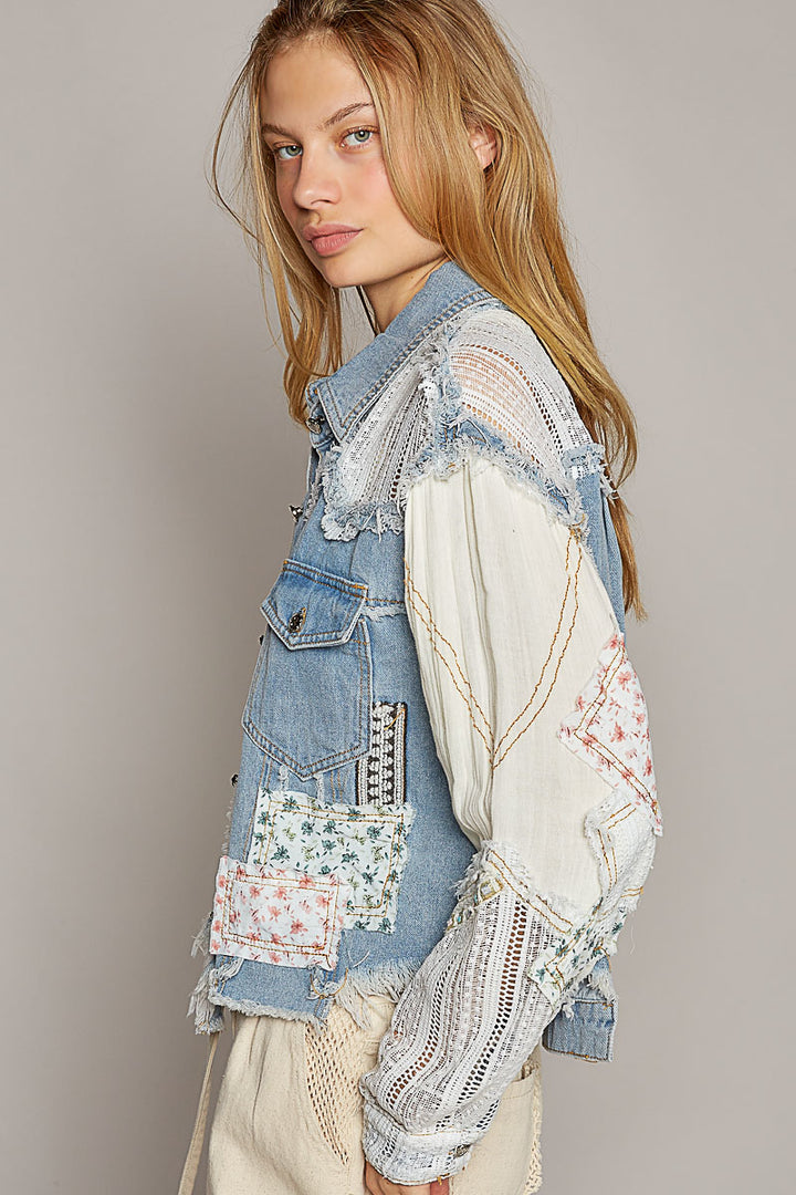 POL Women's Denim Oversized Patchwork Jacket