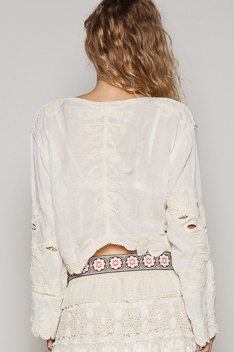 POL Women's Natural Embroidered Wide Neck Long Sleeve Crop Top