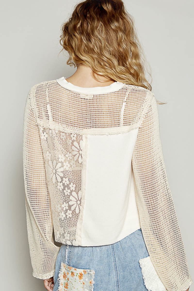 POL Women's Butter Milk Crochet with Lace Long Sleeve Top