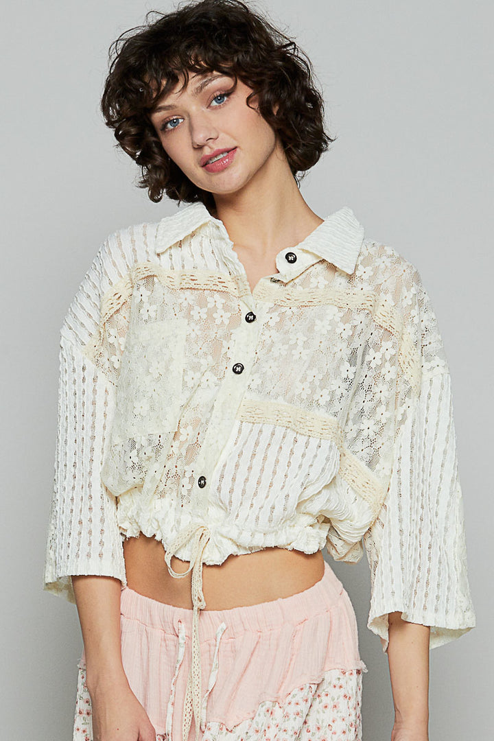 POL Women's Cream Relaxed Fit Lace Jacket Top