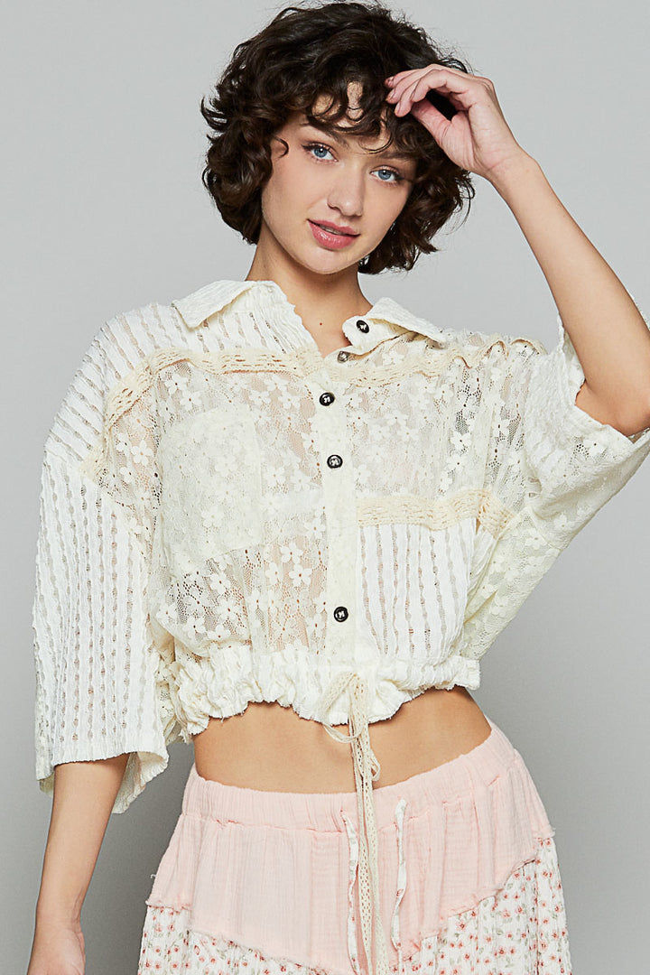 POL Women's Cream Relaxed Fit Lace Jacket Top