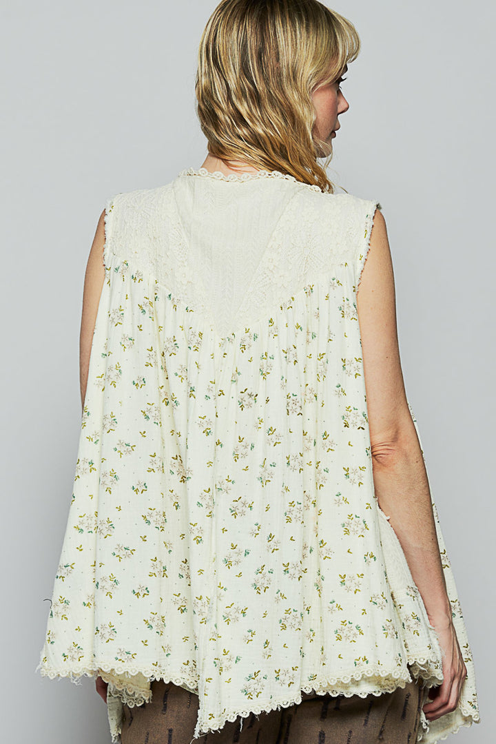 POL Women's Cream Floral A-Line Open Sleeveless Cardigan