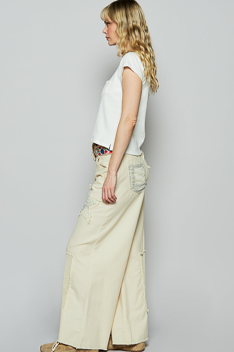 POL Women's Oatmeal Denim and Twill Wide Leg Pant