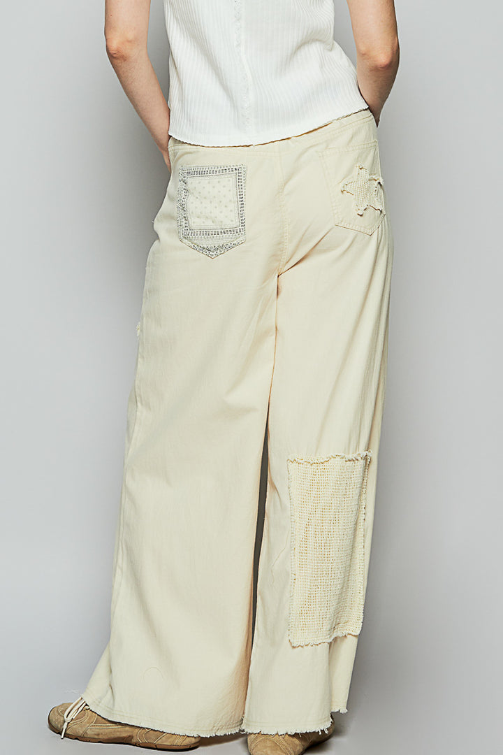 POL Women's Oatmeal Denim and Twill Wide Leg Pant