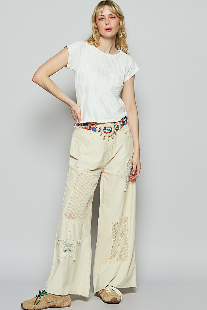 POL Women's Oatmeal Denim and Twill Wide Leg Pant