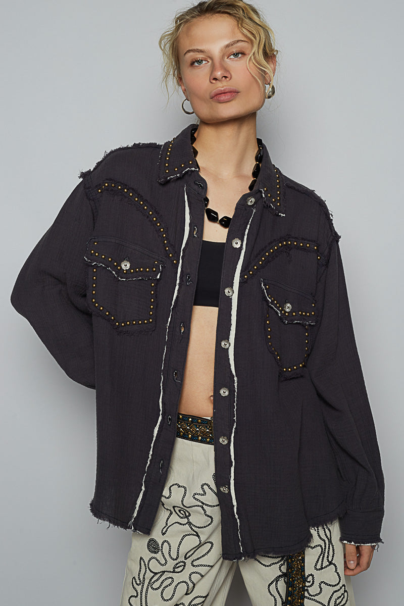POL Women's Deep Charcoal Double Gauze Western Inspired Shirt Jacket - West 20 Saddle Co.