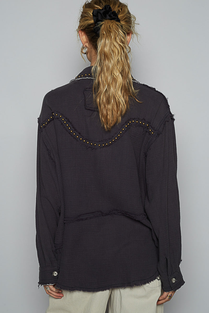 POL Women's Deep Charcoal Double Gauze Western Inspired Shirt Jacket - West 20 Saddle Co.