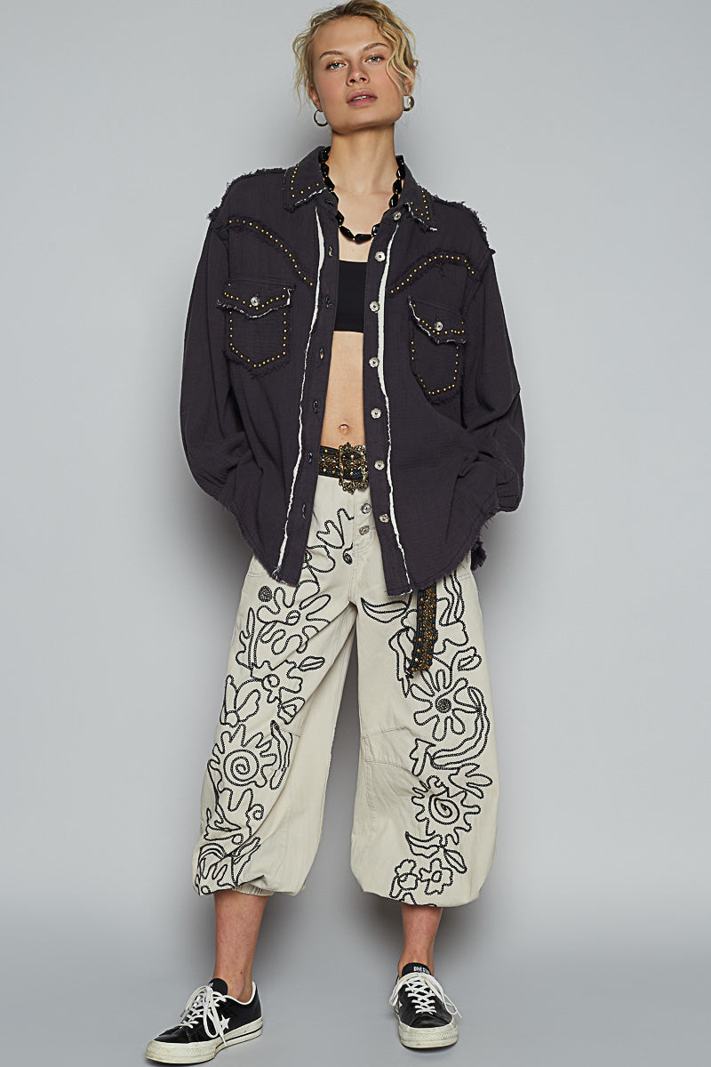 POL Women's Deep Charcoal Double Gauze Western Inspired Shirt Jacket - West 20 Saddle Co.