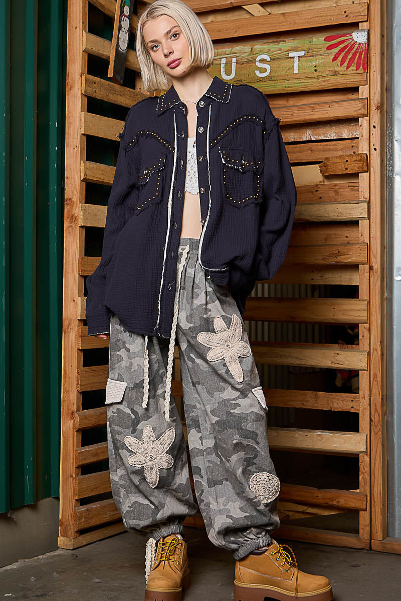 POL Women's Deep Charcoal Double Gauze Western Inspired Shirt Jacket - West 20 Saddle Co.