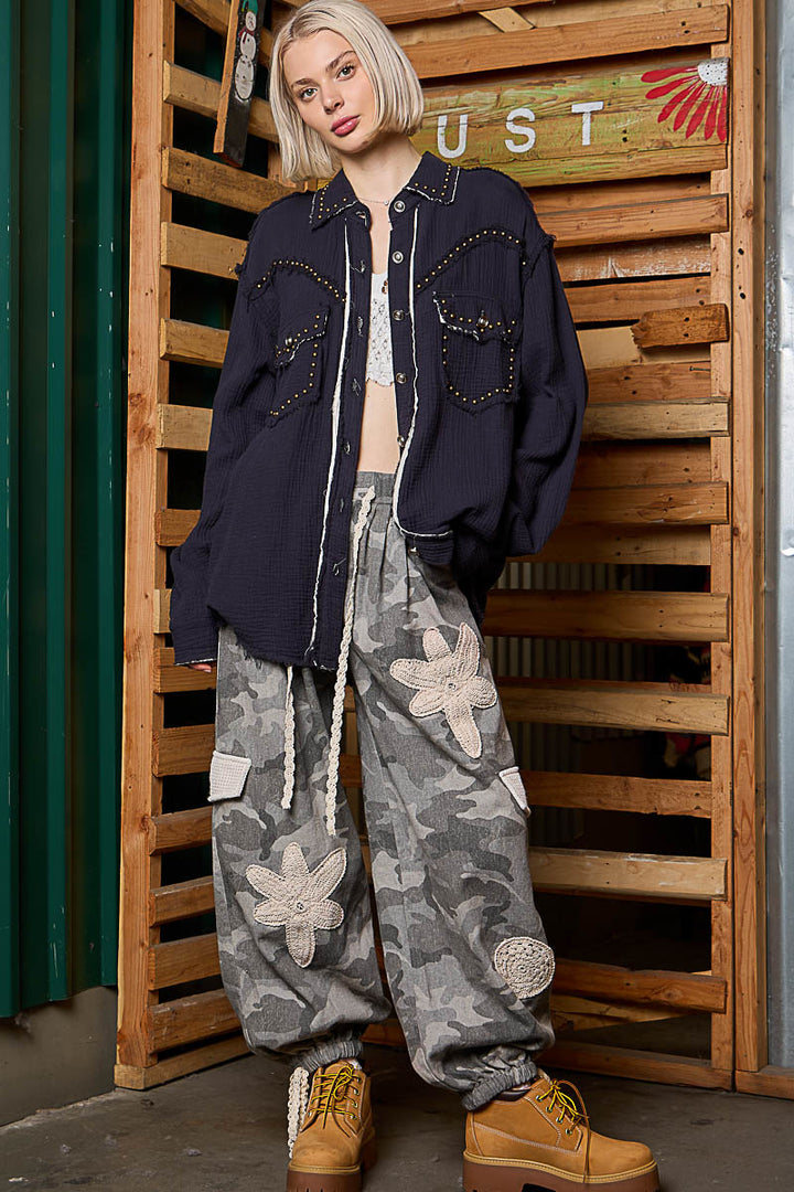 POL Women's Deep Charcoal Double Gauze Western Inspired Shirt Jacket - West 20 Saddle Co.