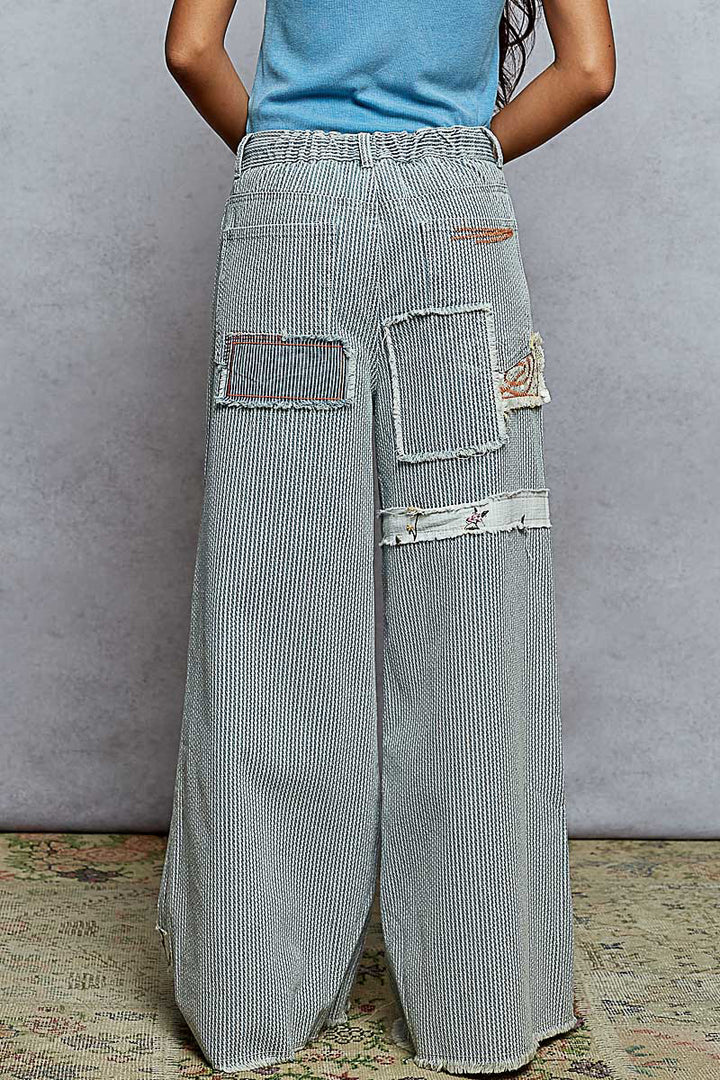 POL Women's Striped Denim and Patches Pant