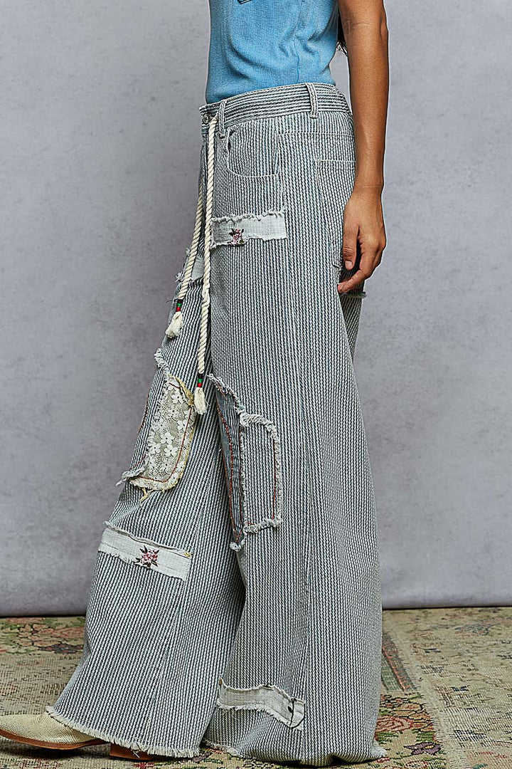 POL Women's Striped Denim and Patches Pant
