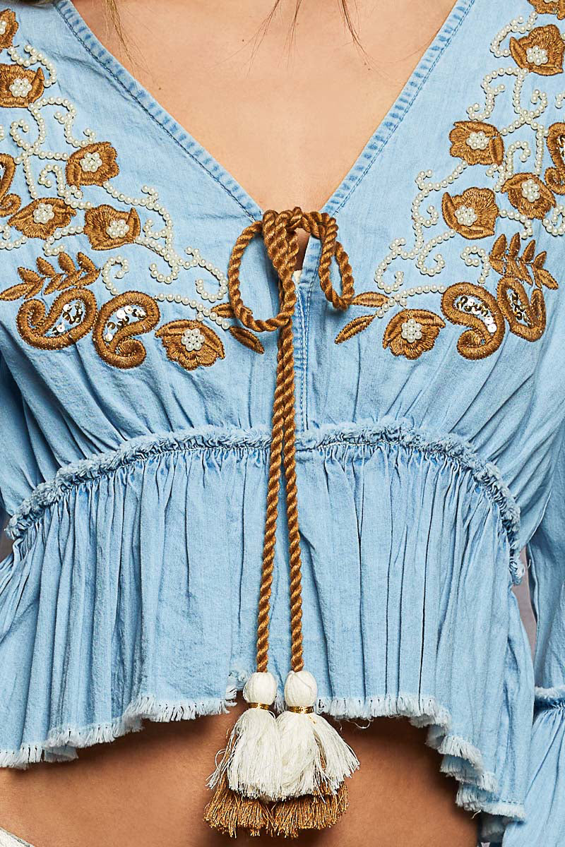 POL Women's Denim V-Neck Embroidered Crop Top