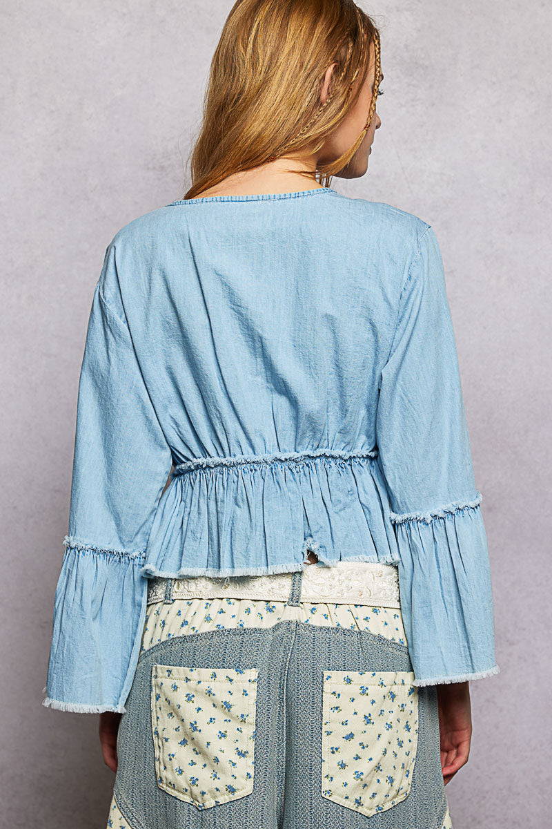 POL Women's Denim V-Neck Embroidered Crop Top