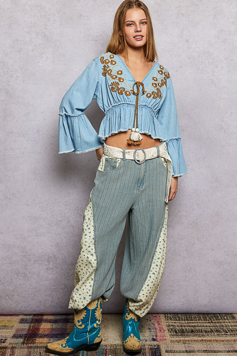 POL Women's Denim V-Neck Embroidered Crop Top