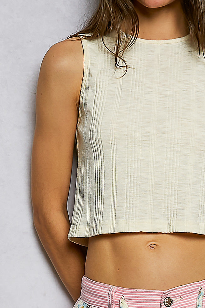 POL Women's Cream Textured Knit Round Neck Crop Tank