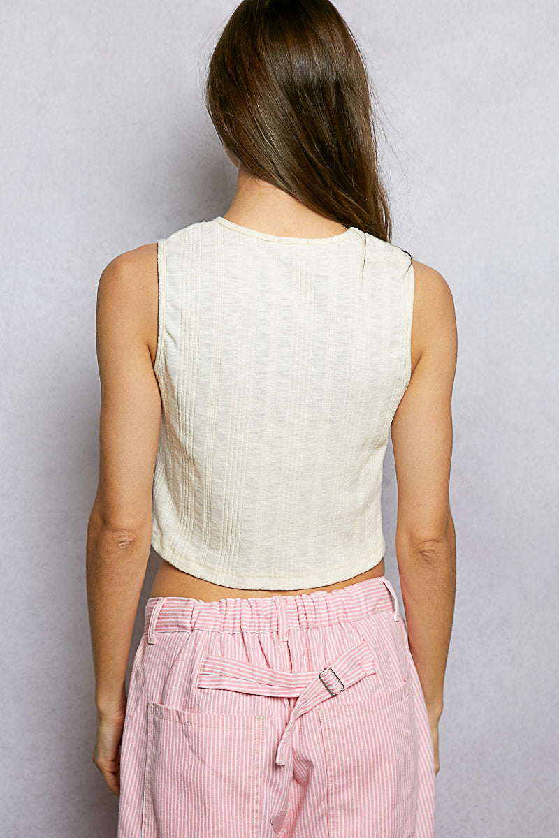 POL Women's Cream Textured Knit Round Neck Crop Tank