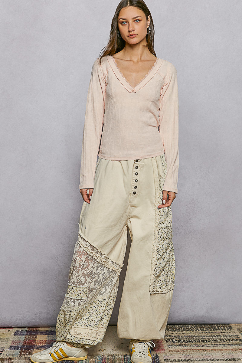 POL Women's Blush V-Neck Long Sleeve Ribbed Top - West 20 Saddle Co.