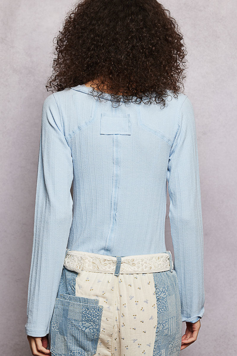 POL Women's Powder Blue V-Neck Long Sleeve Ribbed Top - West 20 Saddle Co.