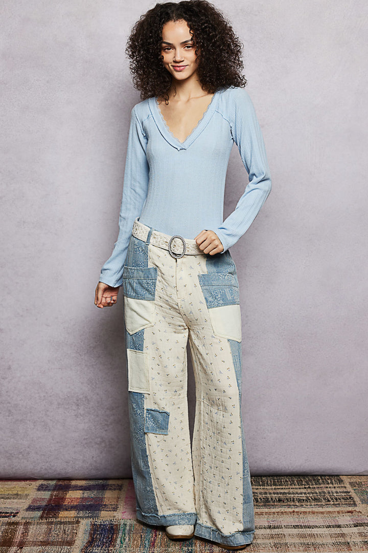 POL Women's Powder Blue V-Neck Long Sleeve Ribbed Top - West 20 Saddle Co.