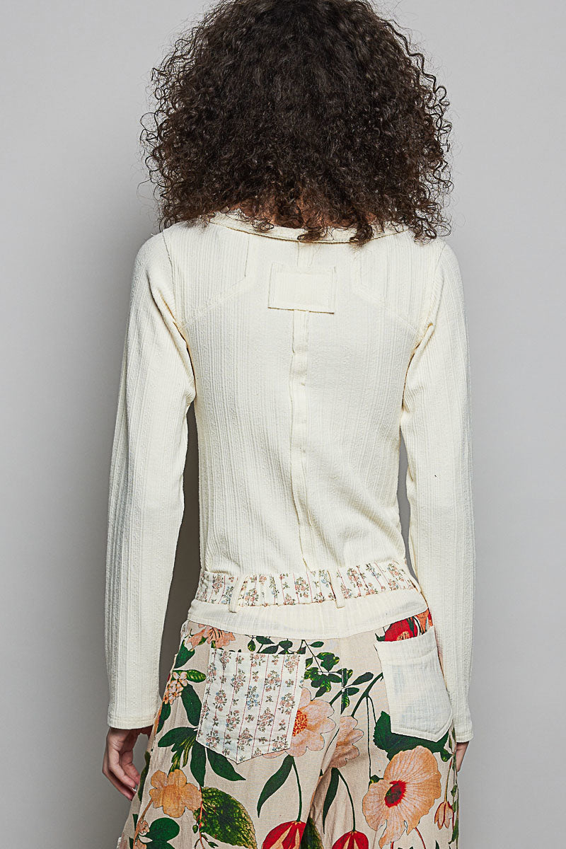 POL Women's Cream V-Neck Long Sleeve Ribbed Top - West 20 Saddle Co.