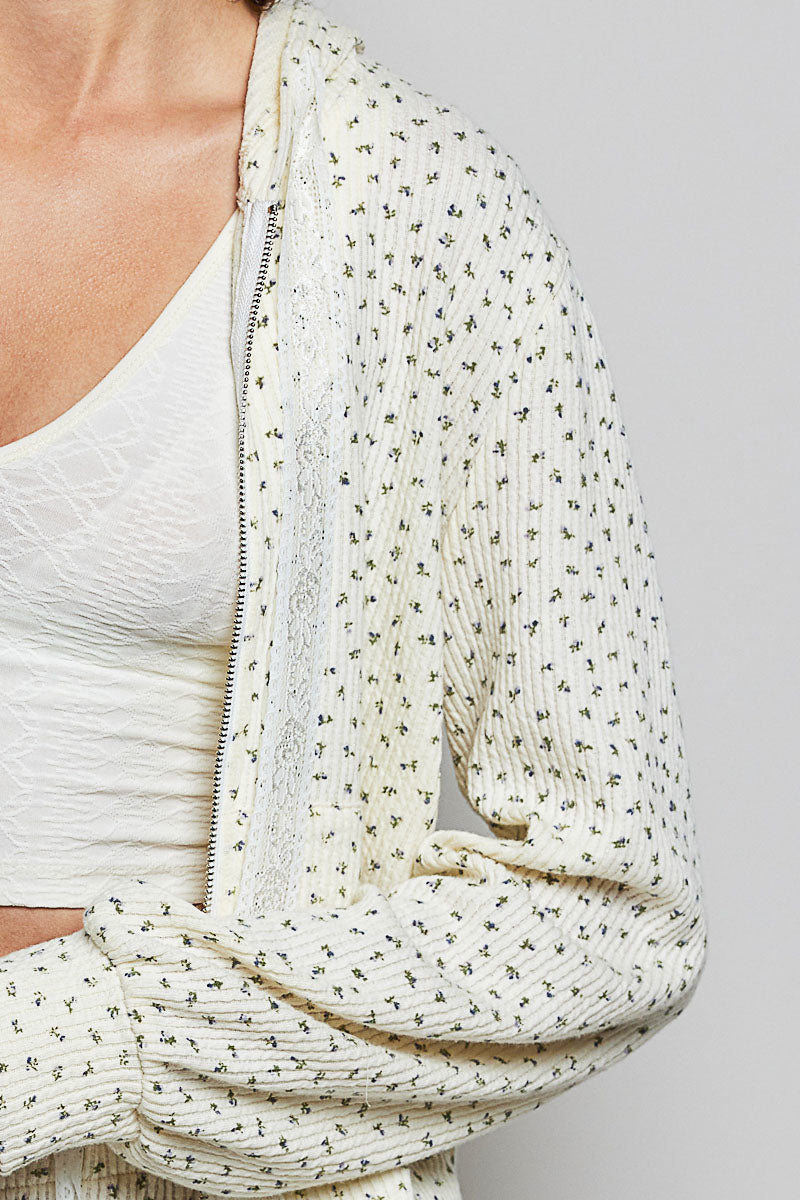 POL Women's Cream Floral Knit Hoodie