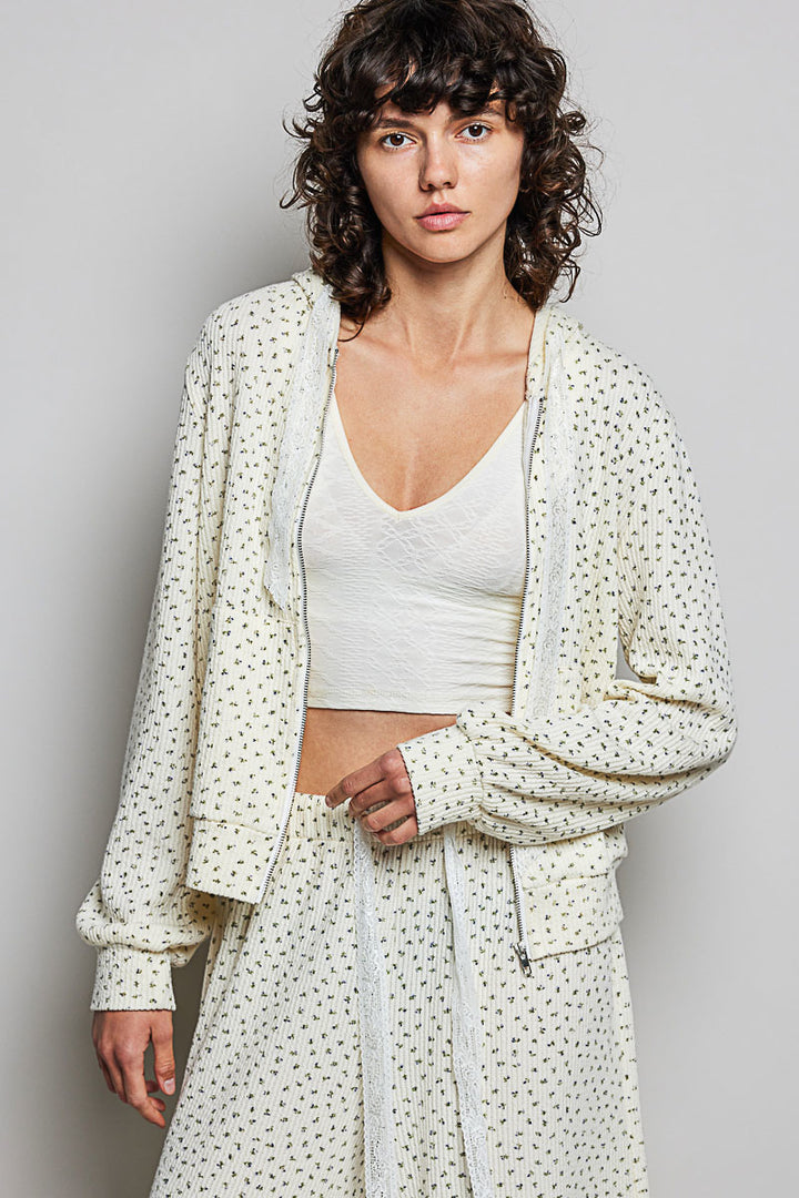 POL Women's Cream Floral Knit Hoodie