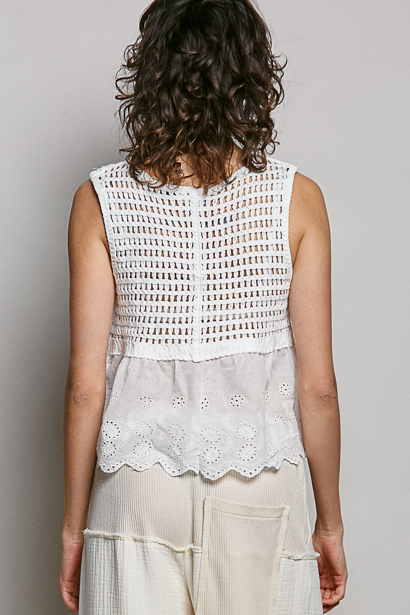 POL Women's Off White Scalloped Crocheted Flowy Fit Top