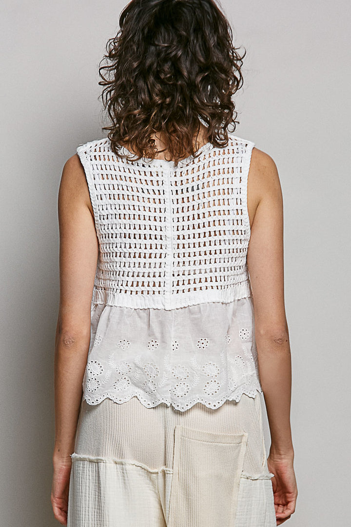 POL Women's Off White Scalloped Crocheted Flowy Fit Top