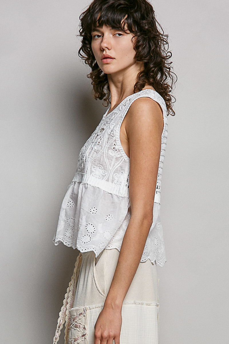 POL Women's Off White Scalloped Crocheted Flowy Fit Top