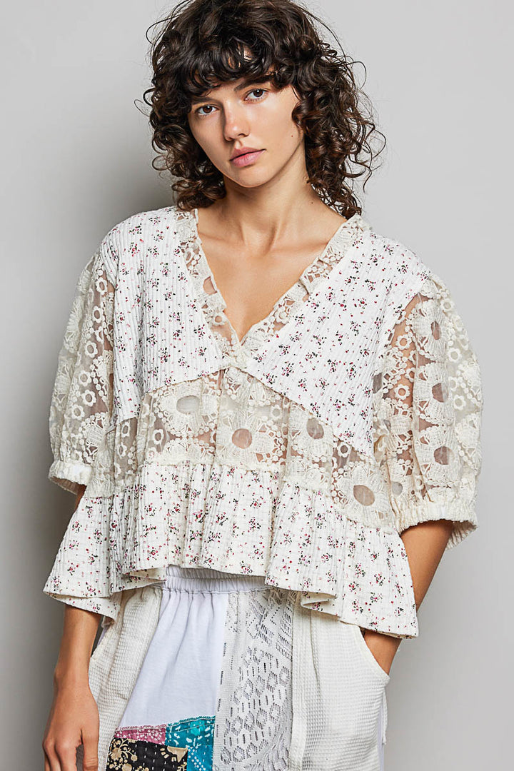 POL Women's Cream Soft Floral and Lace V-Neck Top - West 20 Saddle Co.