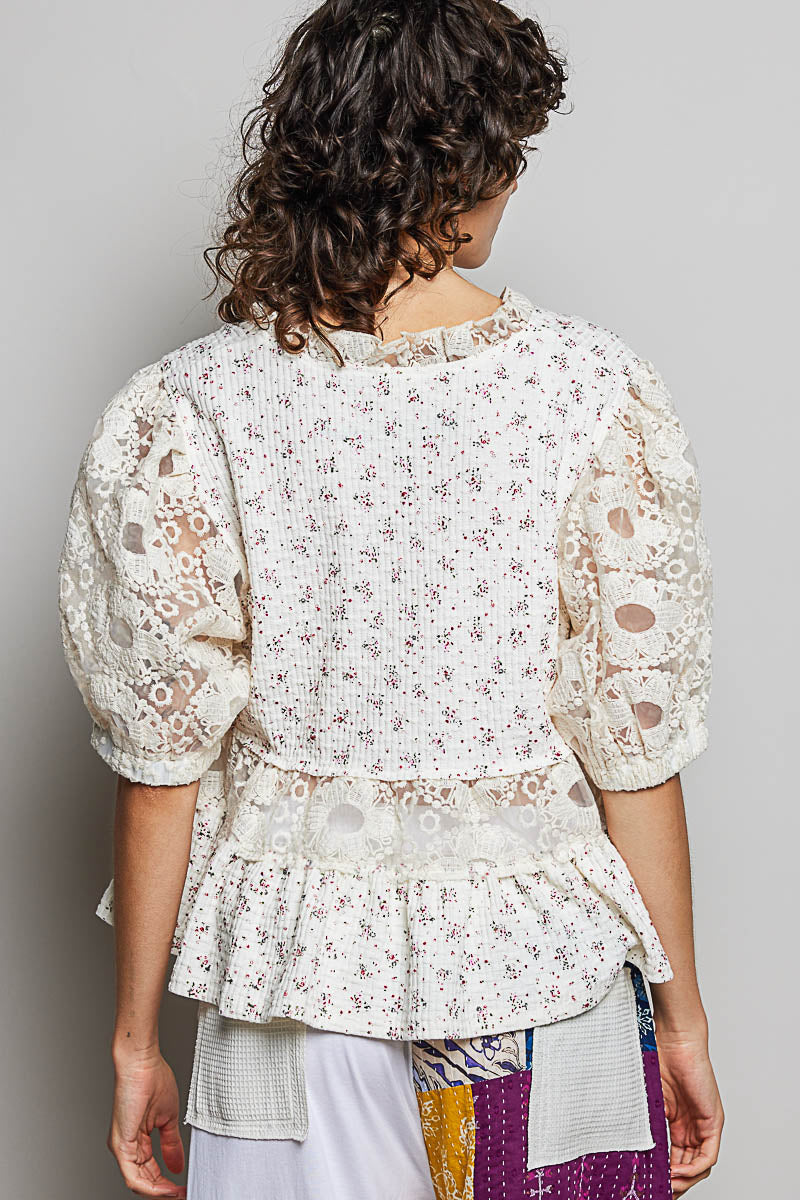 POL Women's Cream Soft Floral and Lace V-Neck Top - West 20 Saddle Co.