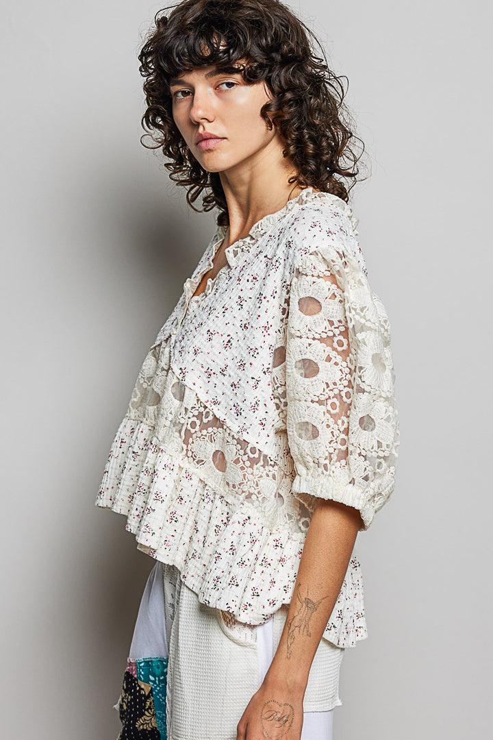 POL Women's Cream Soft Floral and Lace V-Neck Top - West 20 Saddle Co.