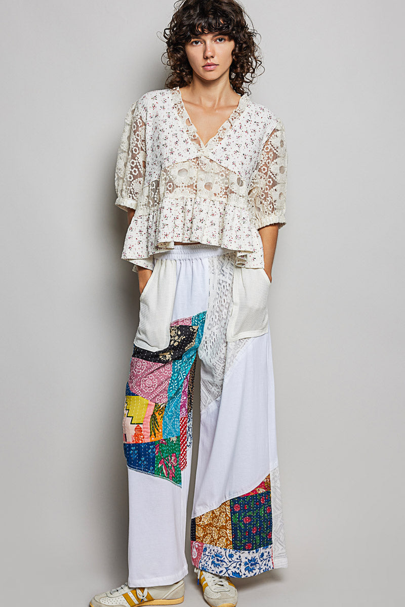 POL Women's Cream Soft Floral and Lace V-Neck Top - West 20 Saddle Co.