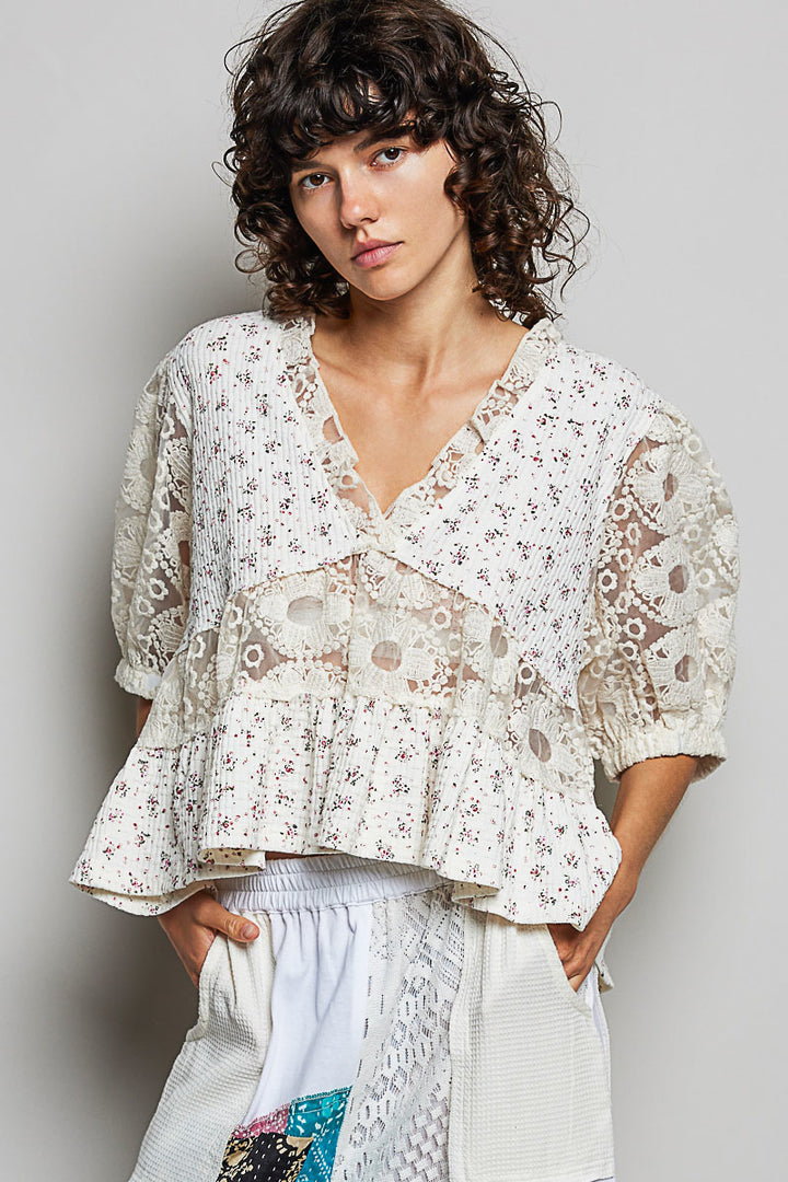 POL Women's Cream Soft Floral and Lace V-Neck Top - West 20 Saddle Co.