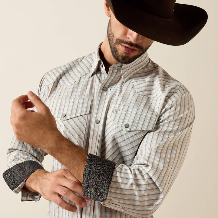 Ariat Men's Savannah Brown Geo Stripe Wrinkle Free Burnard Snap Shirt