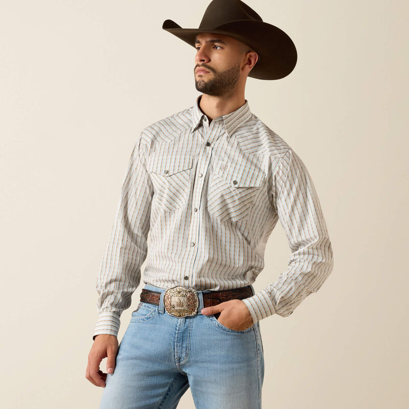 Ariat Men's Savannah Brown Geo Stripe Wrinkle Free Burnard Snap Shirt