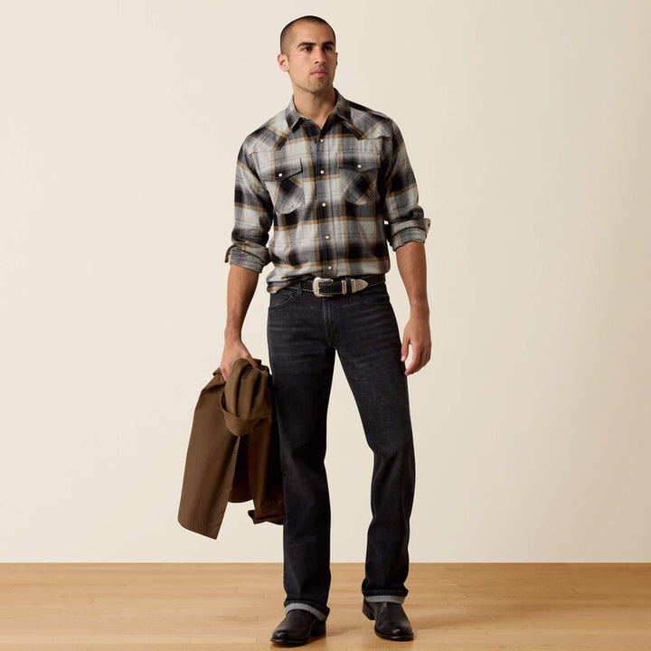 Ariat Men's Grey Heather Plaid Retro Heinz Fitted Snap Shirt