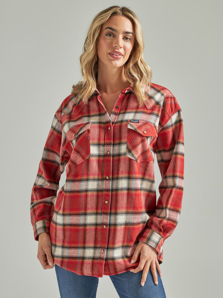 Wrangler Women's Retro Burnt Henna Boyfriend Plaid Flannel Shirt