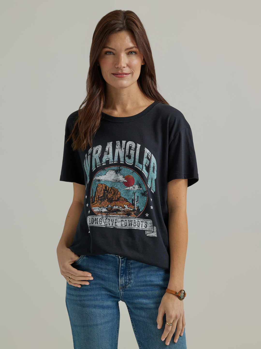 Wrangler Women's Jet Black Long Live Cowboys Boyfriend Tee