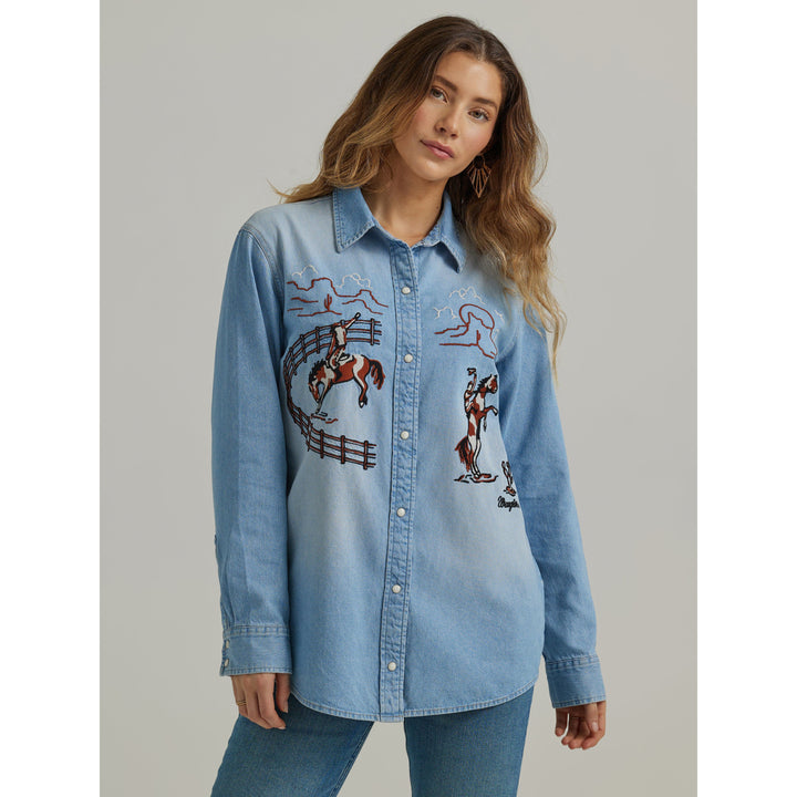 Wrangler Women's Denim Horse Embroidered Boyfriend Western Shirt