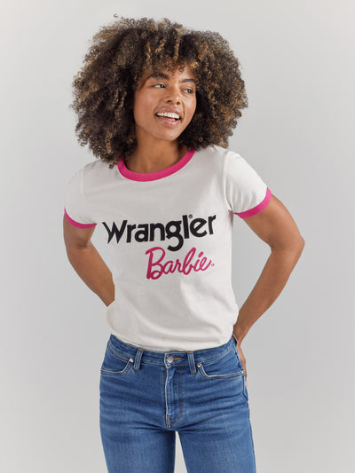 Wrangler Women's Barbie Logo Worn White Slim Ringer Tee