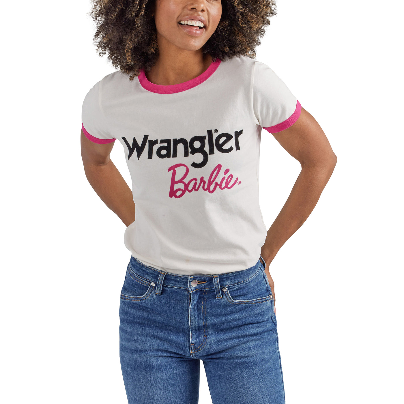 Wrangler Women's Barbie Logo Worn White Slim Ringer Tee