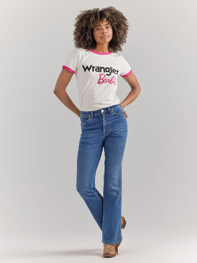 Wrangler Women's Barbie Logo Worn White Slim Ringer Tee
