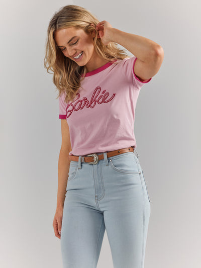 Wrangler Women's Barbie Logo Pink Slim Ringer Tee
