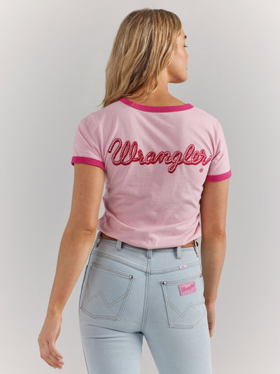 Wrangler Women's Barbie Logo Pink Slim Ringer Tee