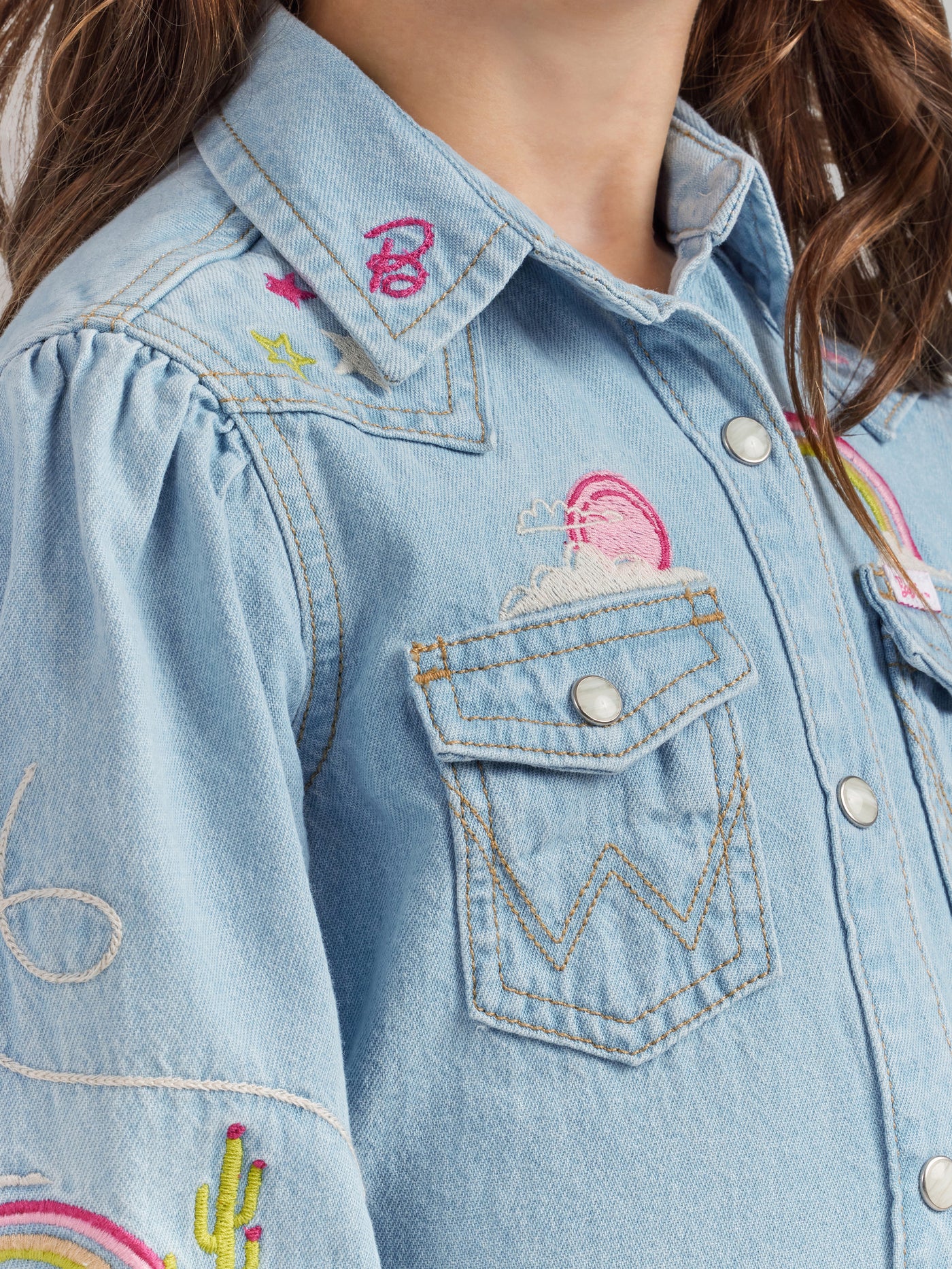 Wrangler Girl's Barbie Balloon Sleeve Embroidered Blouse
