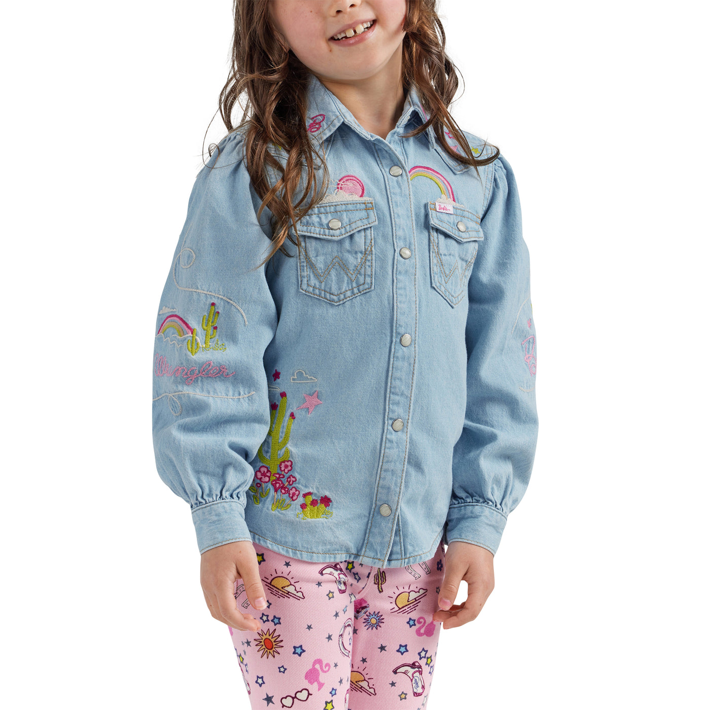Wrangler Girl's Barbie Balloon Sleeve Embroidered Blouse