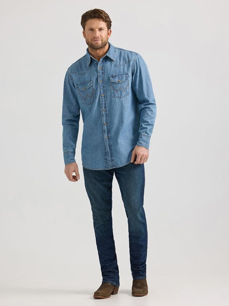 Wrangler Men's Light Wash Denim Western Snap Shirt