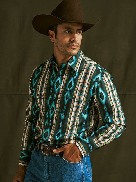 Wrangler Men's Turquoise Belt Checotah Snap Down Shirt